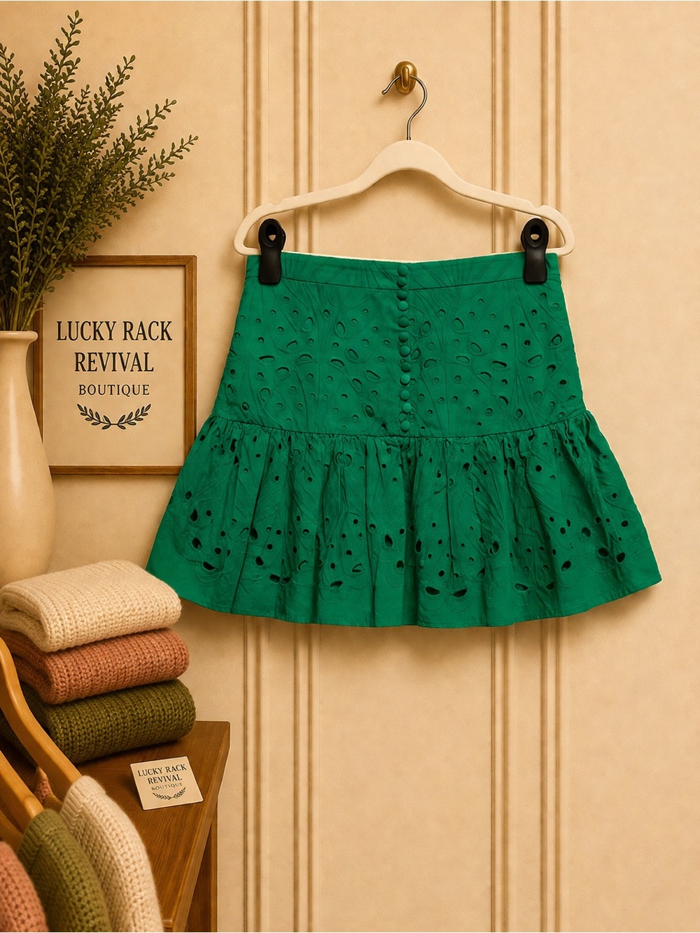 Zara Emerald Eyelet Mini Skirt XS • Boho Ruffle Hem Skirt | Boutique Style